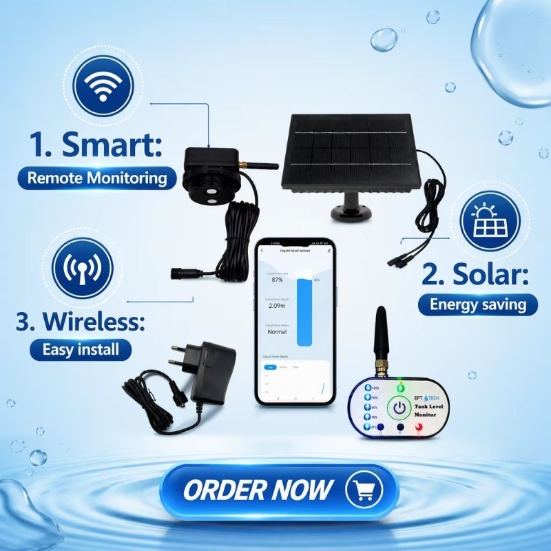 Tuya Smart - TLC2502P-S Tuya Smart Life 超音波式レベル送信機、ソーラーWiFi+LORA対応、水・ディーゼル燃料タンクの深さを測定し、アラーム出力機能付き。