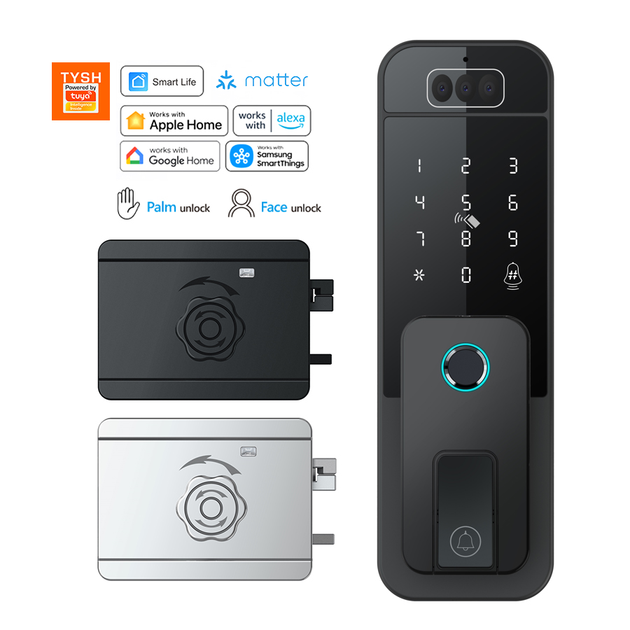 Tuya Smart - TYSH Matter Tuyaスマートリムロック、顔認証カメラ、掌紋バイオメトリクス搭載、ゲートドア用電子デジタルWiFiセキュリティロック