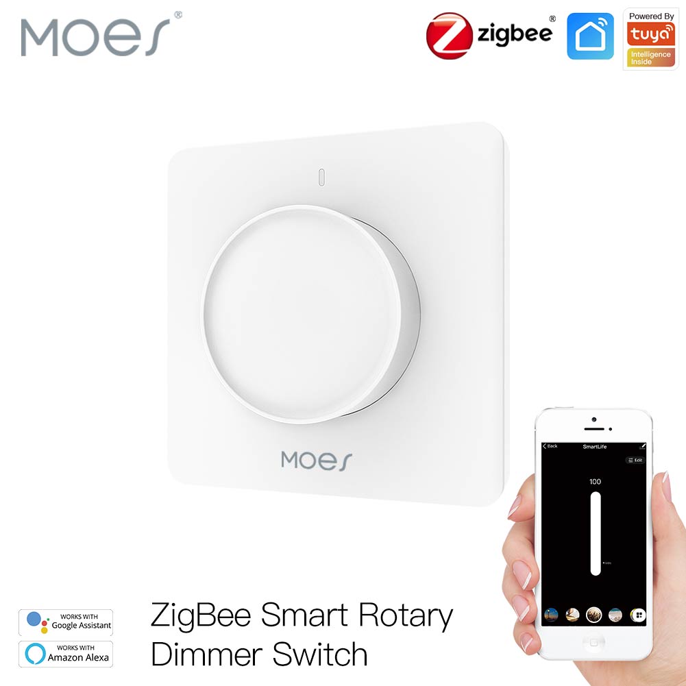 Smart Relay Tuya - MOES Tuya Zigbee スマート回転式調光スイッチ。つまみで明るさを調整でき、AlexaやGoogle Homeと連携して使用可能。